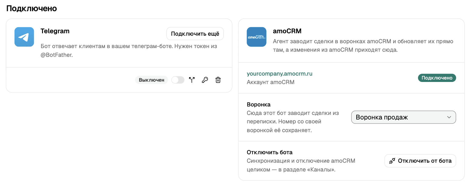 Карточка amoCRM в «Подключено»: аккаунт, воронка бота и кнопка «Отключить от бота»